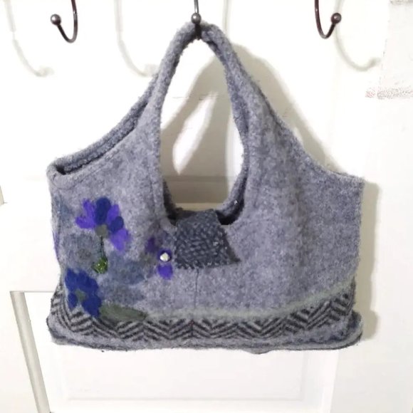 Handmade Gray Purple Felted WOOL Beaded Embroidered Small Hand Bag Tote Purse - Picture 7 of 12